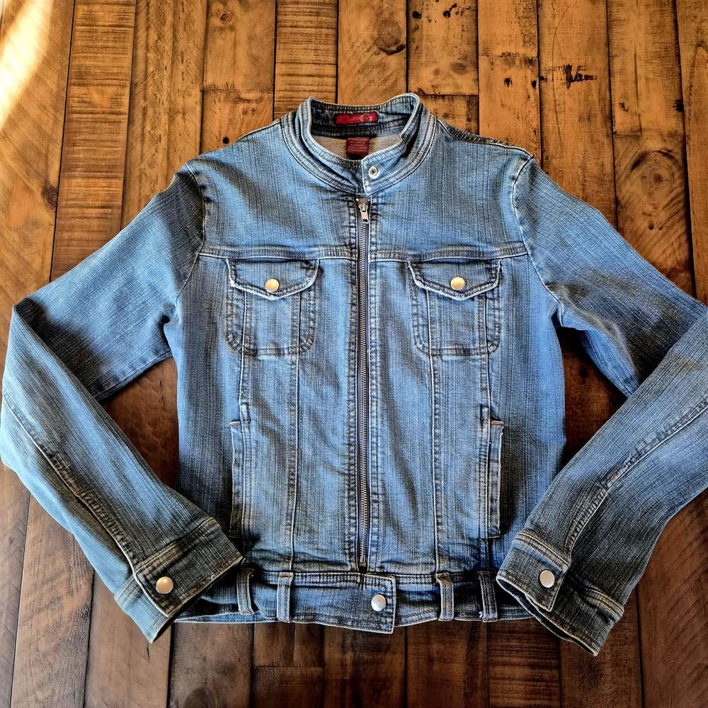 Vintage Y2K Gadzooks Moto Denim Jacket Snap Collar Full Zip Medium Wash Large